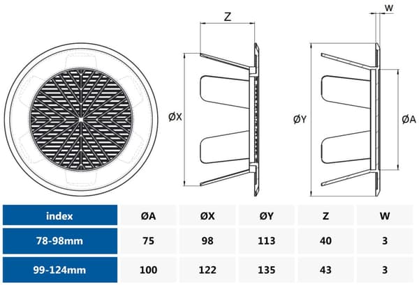 Universal ventilationsgitter 78-98 mm