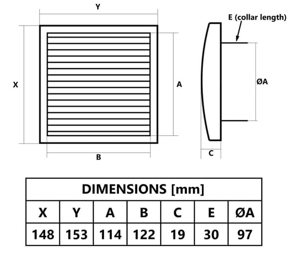 Sort ventilationsgitter 100 mm, med insektnet