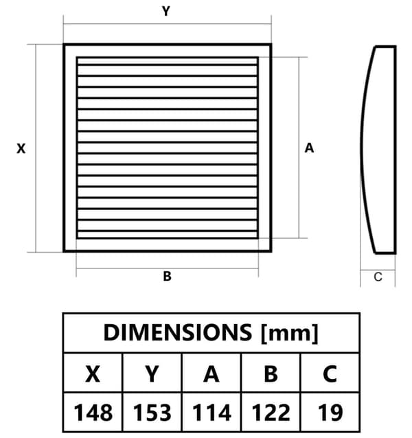 Musta tuuletusritilä 150x150 mm, hyönteisverkolla ja sulkimella
