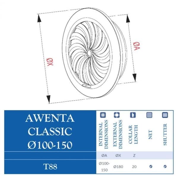 Väggventilationsgallerkåpa med nät och lucka 100-150 variabel diameter