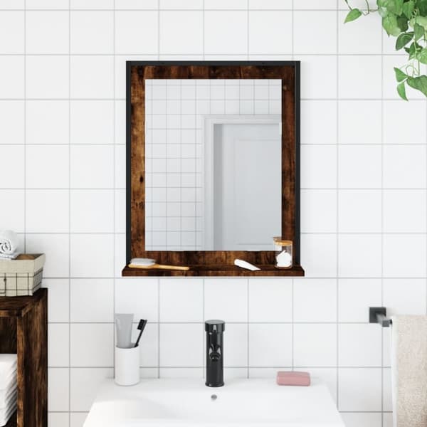 vidaXL badeværelsesspejl m. hylde 50x12x60 cm konstrueret træ røget eg - Små pynteborde