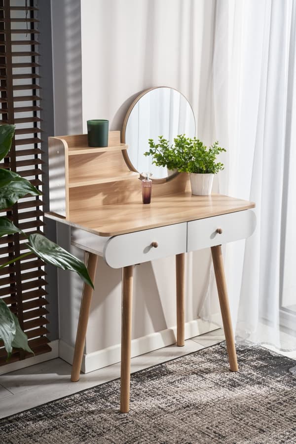 Kosmetisk toiletbord med spejl - SCANDI hvid / bøg