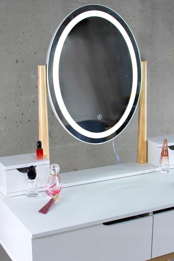 Kosmetisk toalettbord med LED-spegel - beige pall