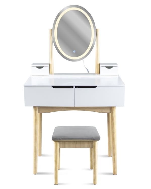 Kosmetisk toiletbord med LED-spejl - grå skammel