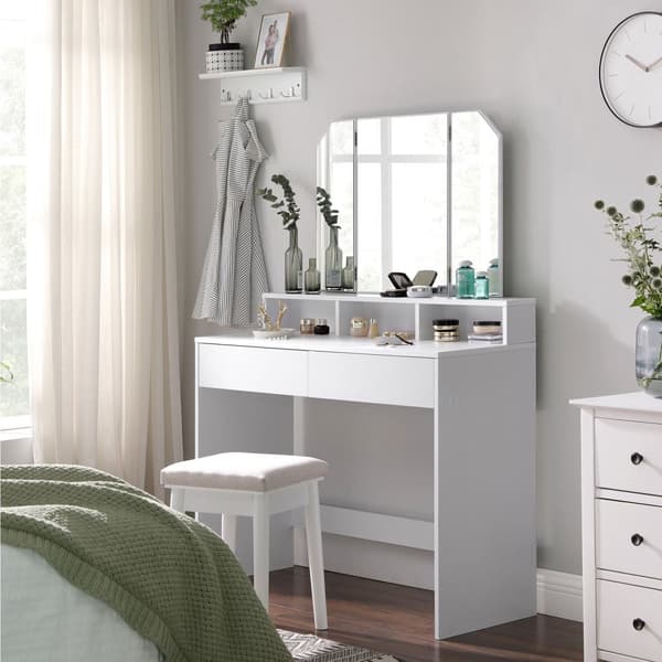 Toalettbord - Make -Up Table - Folding Mirror - 2 Drawers - 3 öppna fack - Kosmetiskt bord - vitt