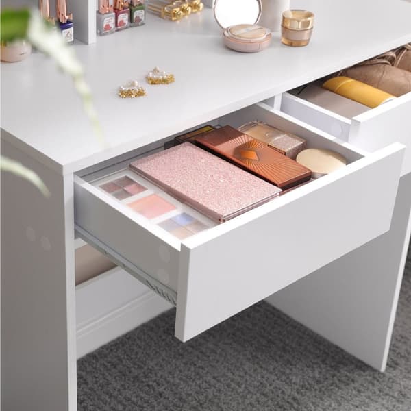 Toalettbord - Make -Up Table - Folding Mirror - 2 Drawers - 3 öppna fack - Kosmetiskt bord - vitt