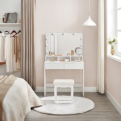 Dressing Table - Make -Up Table - 9 LED -lamper - 2 skuffer og 3 rum - med spejl - Moderne - Hvid