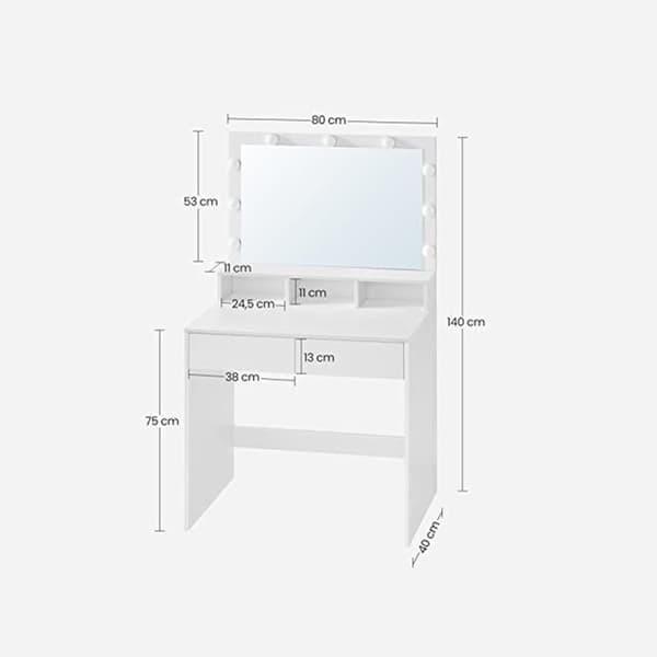 Dressing Table - Make -Up Table - 9 LED -lamper - 2 skuffer og 3 rum - med spejl - Moderne - Hvid