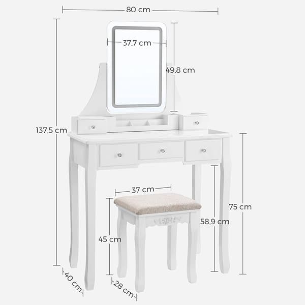 Toalettbord - Make -Up -bord - med spegel - 5 lådor - LED -belysning - vit