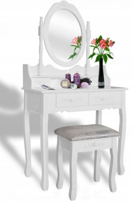 Vintage Shabby Chic Pukeutumispöytä Peilin ja Jakkaran kanssa - Valkoinen Moderni Vintage-tyyli