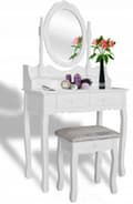 Pikkukuva 1 / 3: Vintage Shabby Chic Pukeutumispöytä Peilin ja Jakkaran kanssa - Valkoinen Moderni Vintage-tyyli