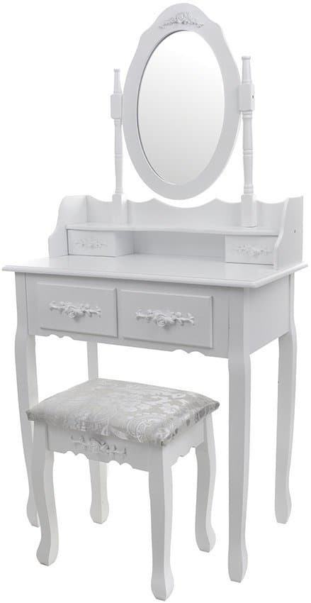 Elegant bröllopsdressingbord med pall - Vit, 75x40x147 cm, 3 lådor, enkel montering