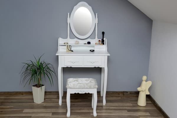 Elegant bröllopsdressingbord med pall - Vit, 75x40x147 cm, 3 lådor, enkel montering
