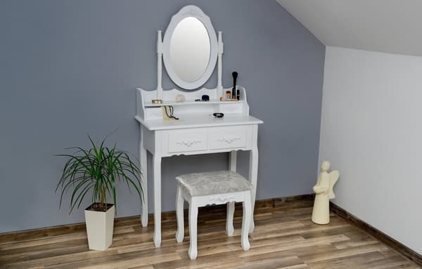 Hållbart vit furu & MDF toalettbord med pall, vippbar spegel & 3 lådor
