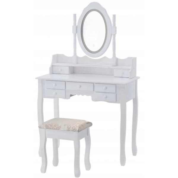 Vintage LED sminkbord med spegel & pall - Vitt retro sminkbord