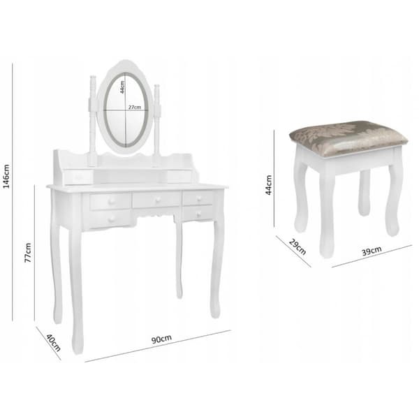 Vintage LED sminkbord med spegel & pall - Vitt retro sminkbord