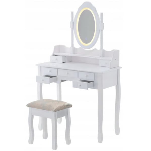 Elegant gammeldags makeupbord med LED-spejl, 7 skuffer & taburet til kvinder