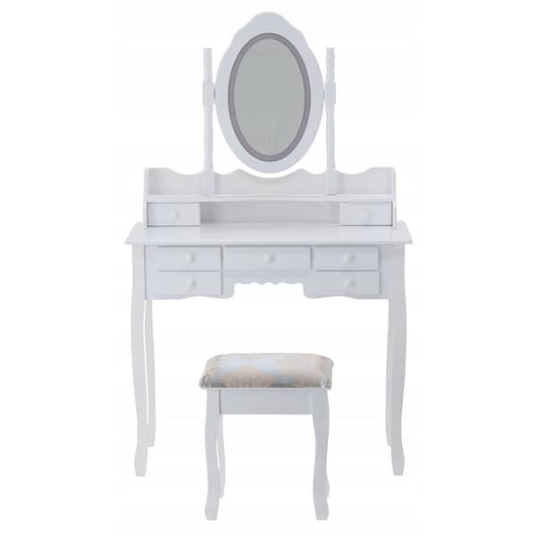 Elegant gammeldags makeupbord med LED-spejl, 7 skuffer & taburet til kvinder