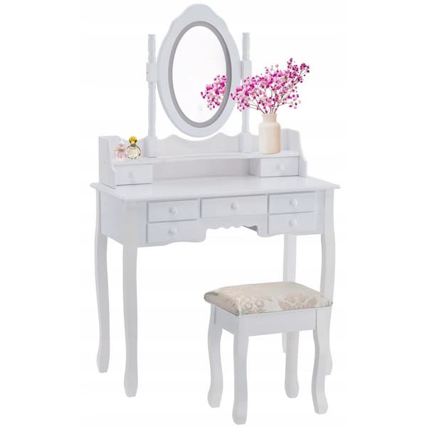 Elegant vintage sminkbord med LED-spegel, 7 lådor & pall för kvinnor