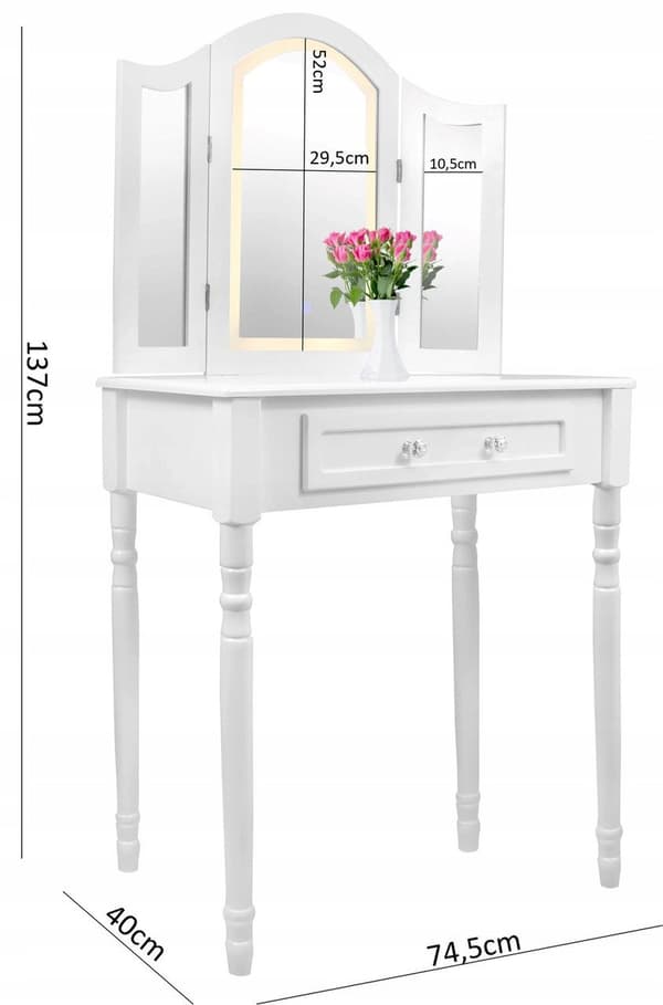 Vintage Makeup Bord med LED Spejl og Taburet - Hvid