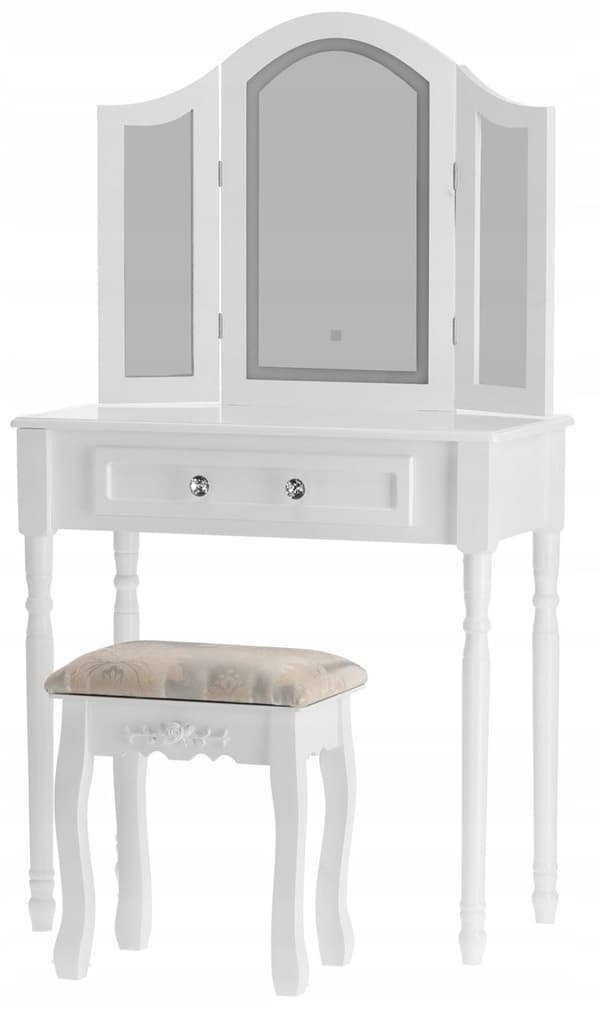 Vintage Makeup Bord med LED Spejl og Taburet - Hvid