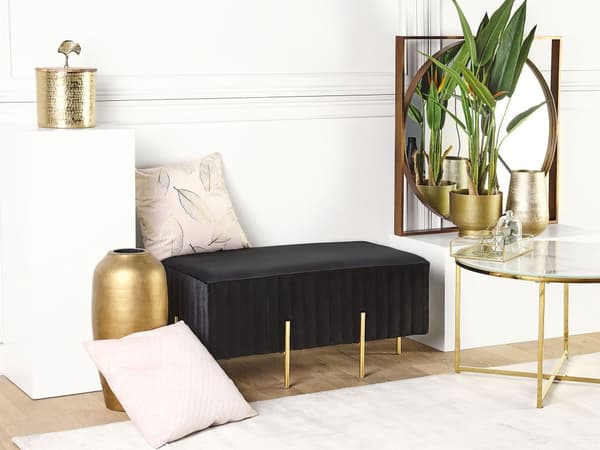 Bænk Grå Velour Guld Metalben 93 cm Rektangulær Dekorativ Rillet Sengebænk Glamourstil Polstret Ottoman til Stue Soveværelse Indretning