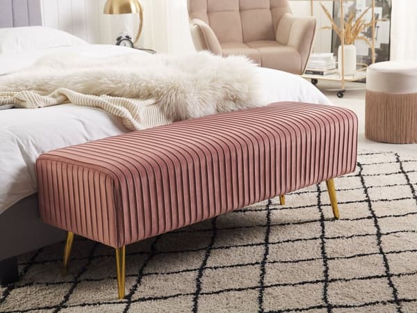 Bänk Rosa Sammet Gulda Metallben 118 cm Glamour Vardagsrum Sovrum Hall