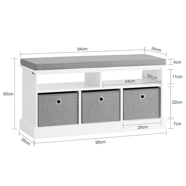 SoBuy Säilytyspenkki, 3 laatikkoa, Kenkähylly Kenkäkaappi, valkoinen , harmaa, ​Pituus 96 cm Leveys 30 cm Korkeus 50 cm FSR67-HG