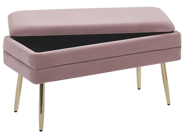 Opbevaringsbænk Lyserød Velour med Guldben af Jern 41 x 79 x 37 Glamourøs Blød Bænk til Entré Opbevaring Design Polstret Sengebænk Indendørs