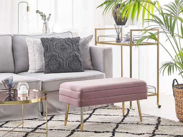 Opbevaringsbænk Lyserød Velour med Guldben af Jern 41 x 79 x 37 Glamourøs Blød Bænk til Entré Opbevaring Design Polstret Sengebænk Indendørs
