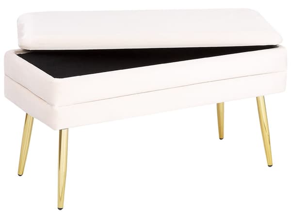 Benk med oppbevaring Hvit Fløyel 71 x 41 x 79 cm Gyldne ben Oppbevaring Ensfarget Glamour Moderne Soverom Stue Gang