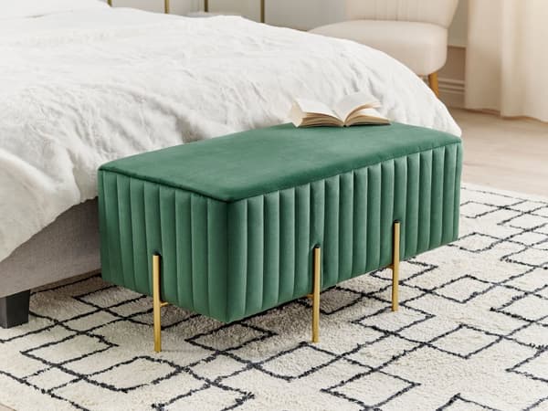 Sengebænk Grøn Velour Guld Metalben 93 cm Polstret Bænk til Soveværelse med Stof Design Glamour Velourbænk til Fodenden af Sengen