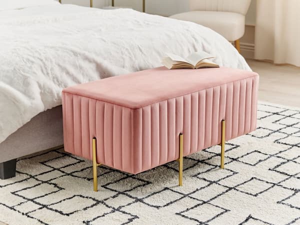 Sengebænk Lyserød Velour Guld Metalben 93 cm Polstret Bænk til Soveværelse med Stof Design Glamour Velourbænk til Fodenden af Sengen