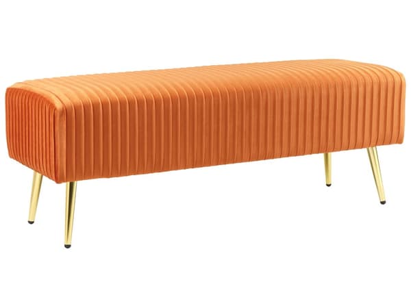 Benk Oransje Fløyel Polstret 118 x 40 cm Glamour Gull Metallben Stue Soverom