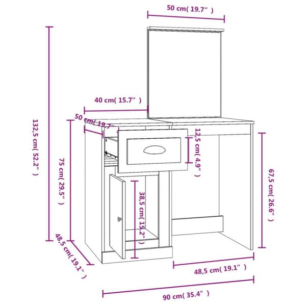 vidaXL Sminkbord med spegel brun ek 90x50x132,5 cm konstruerat trä