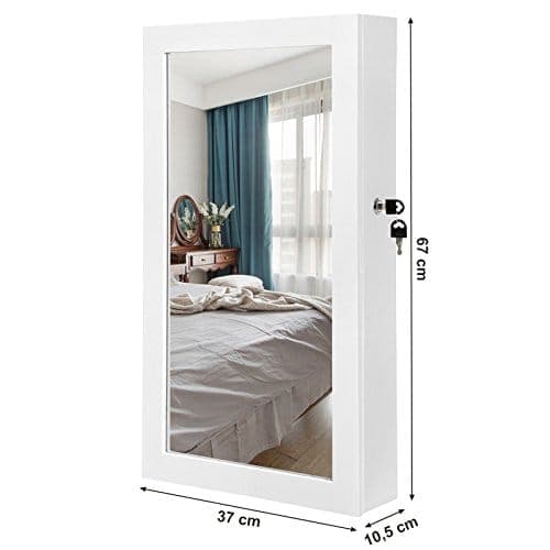 Songmics White Mirrored Lockable Jewellery Cabinet, Wall Mount Jewellery Organizer, Gift Idea