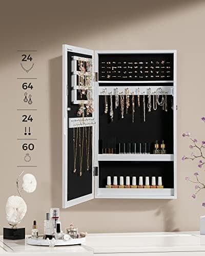 Songmics White Mirrored Lockable Jewellery Cabinet, Wall Mount Jewellery Organizer, Gift Idea