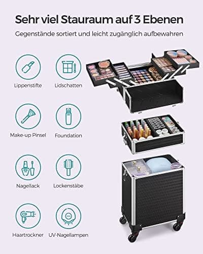 SONGMICS Stor Trolley med Hjul Professionel Vanity Case, sort