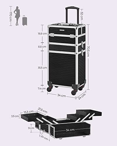 SONGMICS Stor Trolley med Hjul Professionel Vanity Case, sort