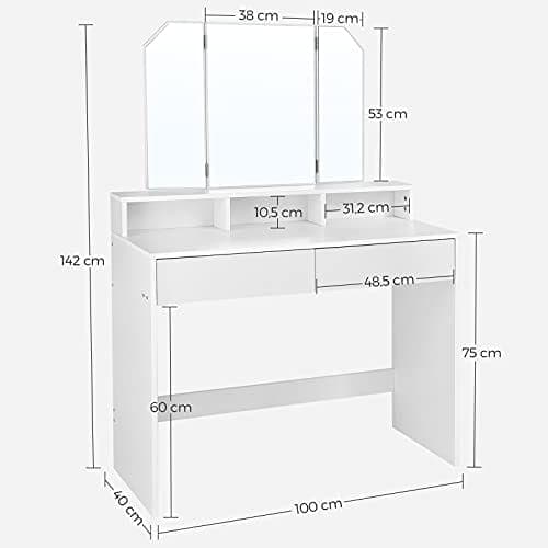 Vasagle-omklædningsbord med tri-fold spejl, makeup-bord med 2 skuffer og 3 åbne rum, forfængelighedsbord, moderne stil, hvid RDT115W01