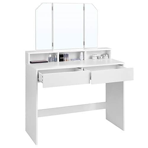 Vasagle-omklædningsbord med tri-fold spejl, makeup-bord med 2 skuffer og 3 åbne rum, forfængelighedsbord, moderne stil, hvid RDT115W01