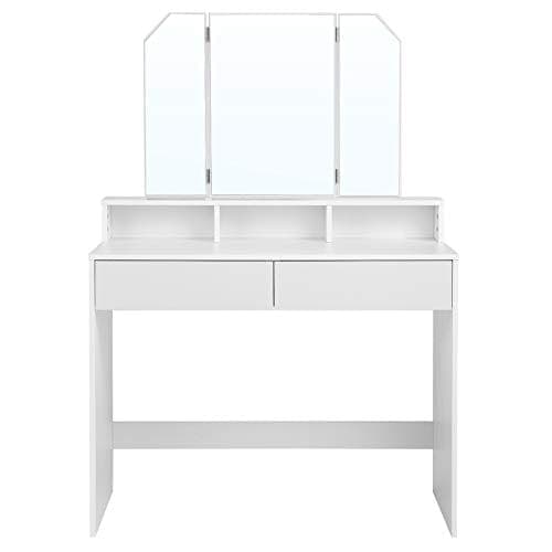 Vasagle-omklædningsbord med tri-fold spejl, makeup-bord med 2 skuffer og 3 åbne rum, forfængelighedsbord, moderne stil, hvid RDT115W01