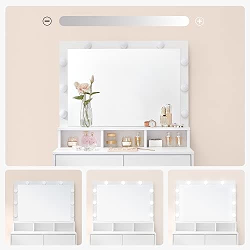 Vasagle peilipöytä Vanity Table 9 LED-polttimolla ja peilillä, moderni valkoinen