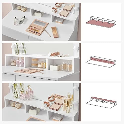 Vasagle peilipöytä Vanity Table 9 LED-polttimolla ja peilillä, moderni valkoinen