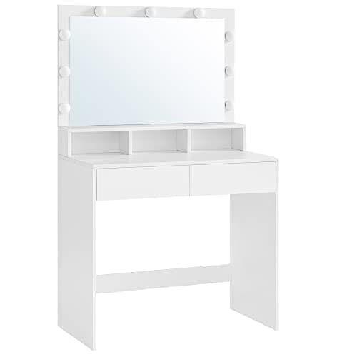 Vasagle toiletbord Vaskebord med 9 LED-pærer og spejl, Moderne hvid