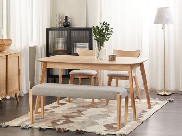Hallbänk Ljust Trä Grå Klädd Sits Polyesterdyna Rektangulär Retro Klassisk Design