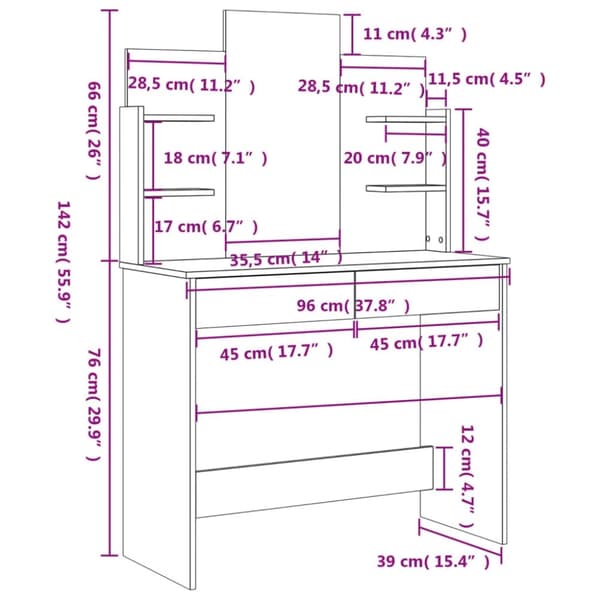 vidaXL Sminkbord med spegel brun ek 96x39x142 cm