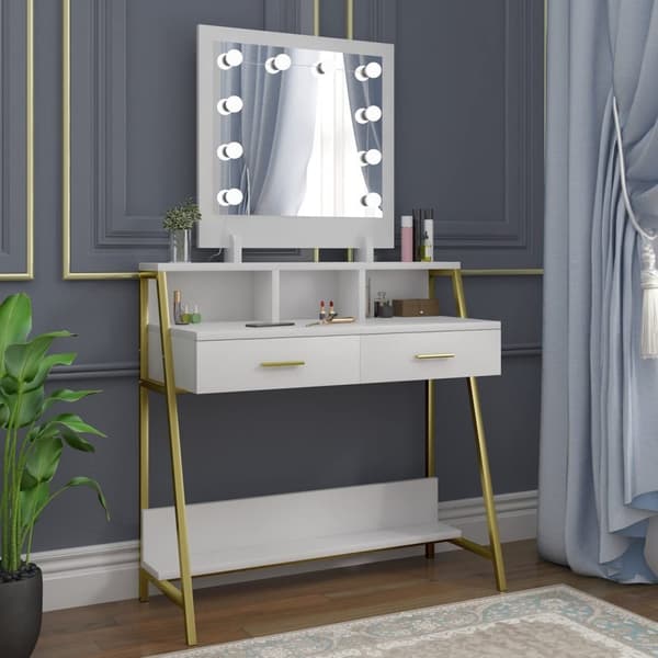 Rootz-pukupöytä - Meikkauspöytä - Meikkiteline - Kosmetiikka-väline - Beauty Station - Valaistu konsoli - Meikkipöytä - Valkoinen - 90x153x40 cm
