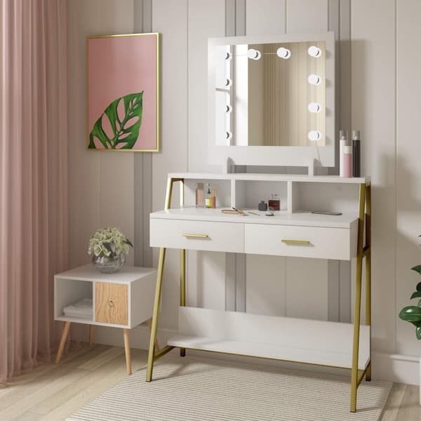 Rootz-pukupöytä - Meikkauspöytä - Meikkiteline - Kosmetiikka-väline - Beauty Station - Valaistu konsoli - Meikkipöytä - Valkoinen - 90x153x40 cm