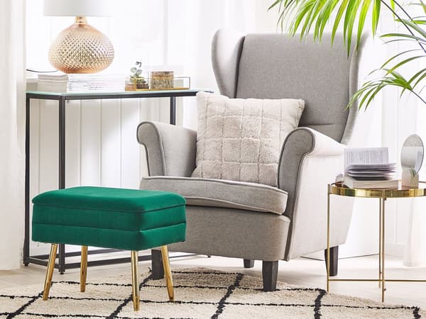 Förvaringsbänk Mörkgrön Polyester Sammetsklädsel Guld Järnben Glam Design Vardagsrum Fotstöd